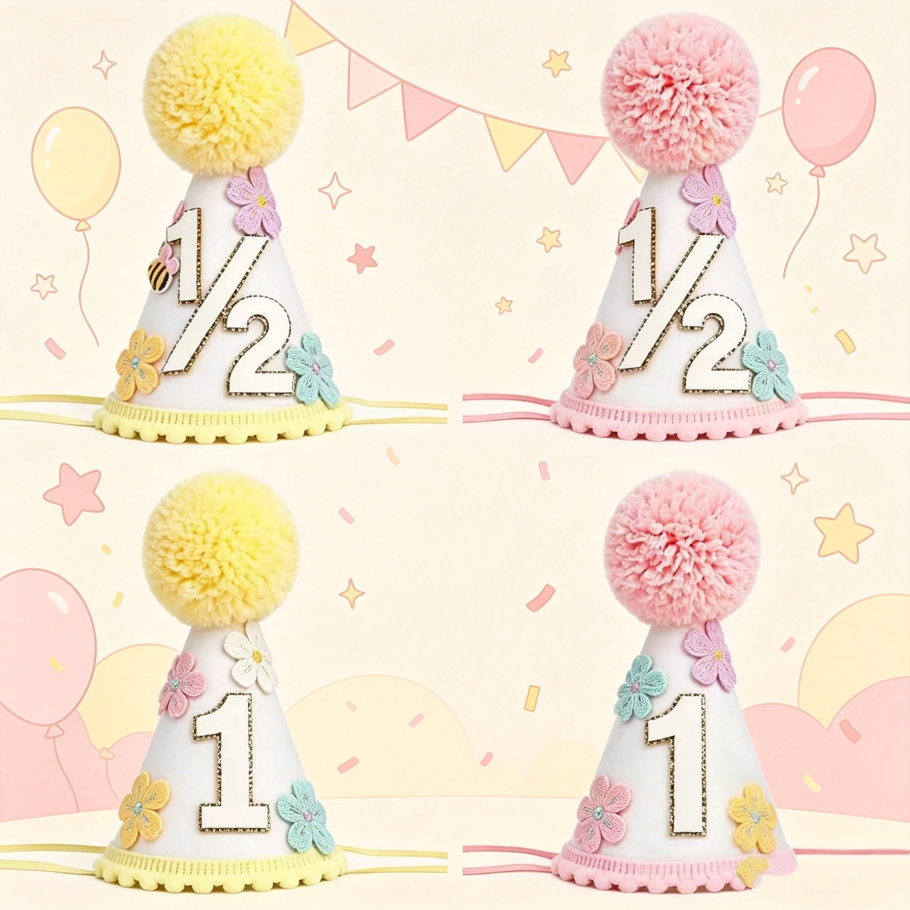 Party Hat Cone - Colorful Flower 1st Half Birthday Cone
